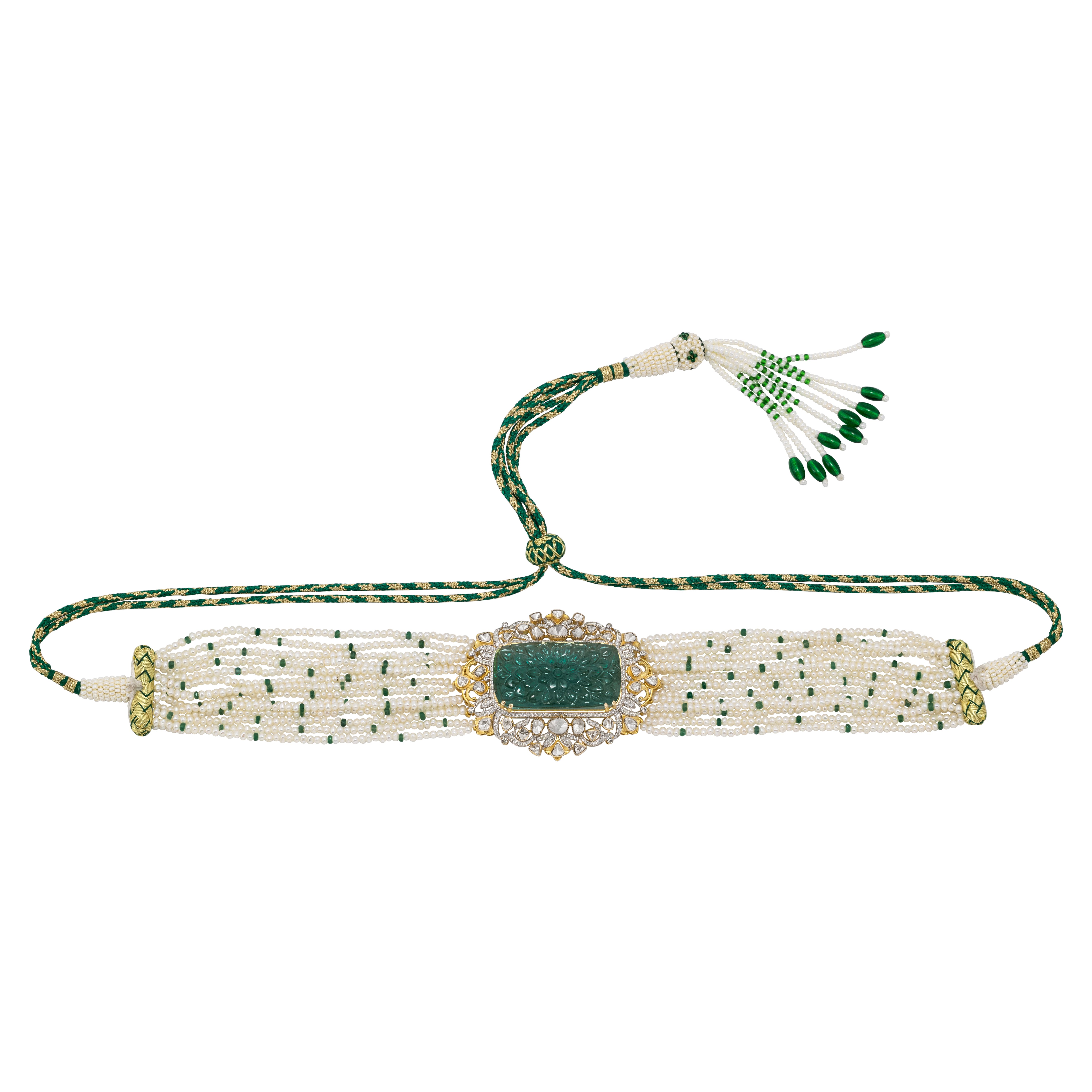 Carved Green Stone Polki Choker with Pearl Strands